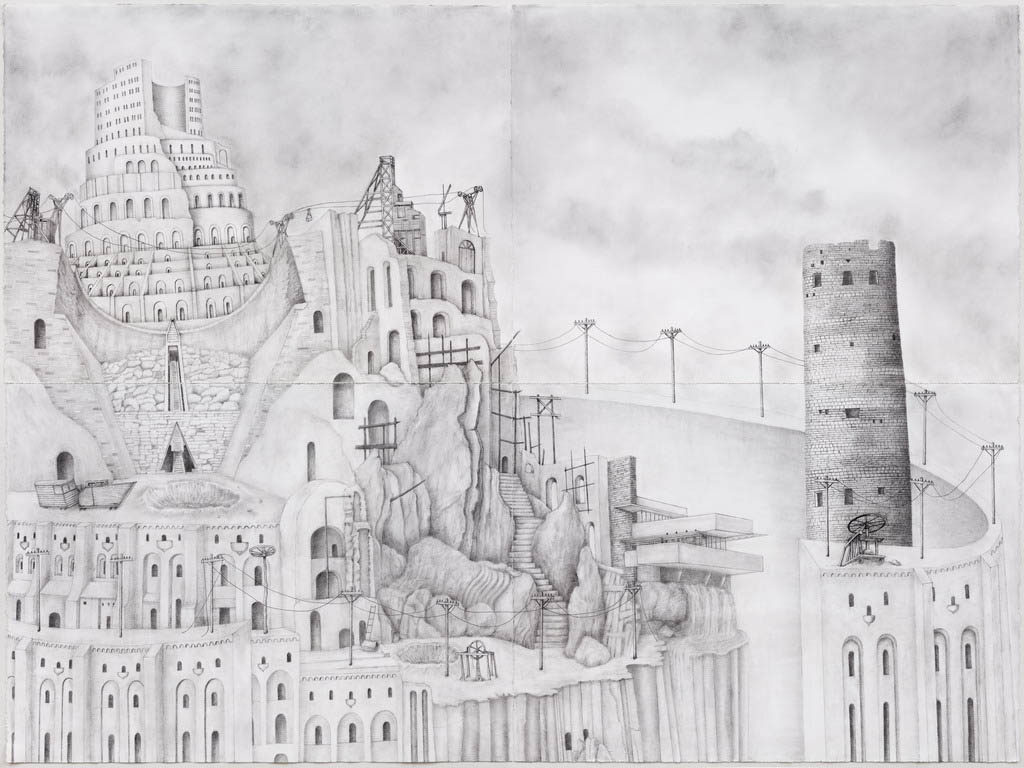 Betrayal at Babylon - The Library of Babel - a pen and charcoal drawing that blends towers, staircases and various arched structures.