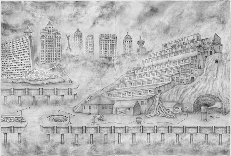 A pencil and charcoal drawing that shows the outer buildings at Britannia Mine site near Lions Bay. Highrises appear on the skyline in the background.