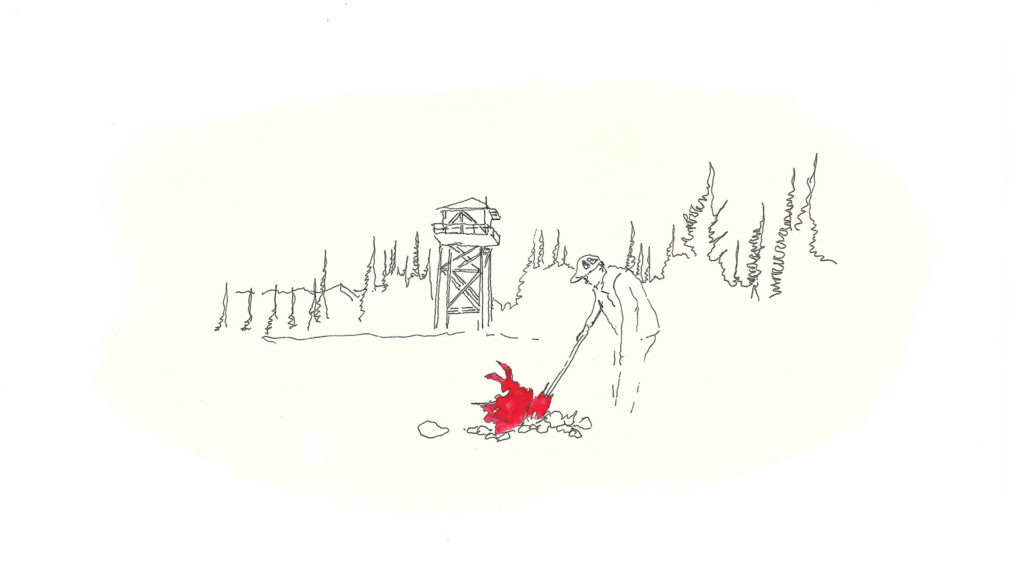 Black and white line drawing of a man in a baseball cap and jacket poking at a campfire, coloured red. There is a drawing of trees and a tall fire tower structure in the background.