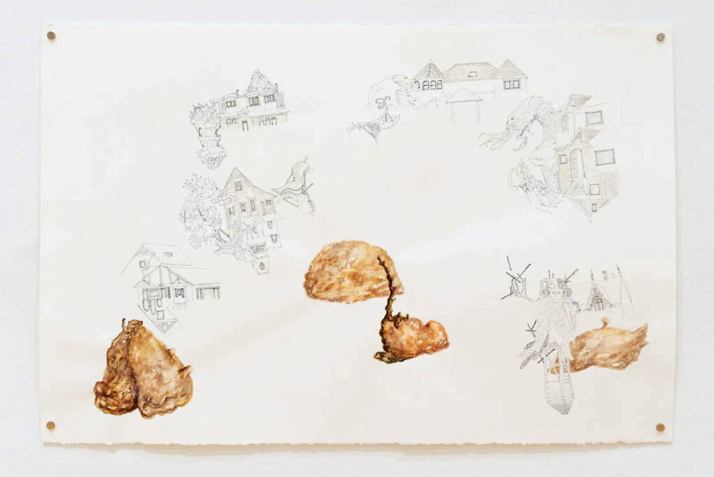 Pencil, watercolour and ink drawing of various mishmashes houses and enlarged chunks of amber painted using orange and brown watercolour.